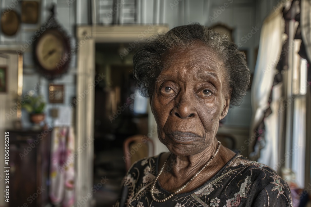 An elderly African American woman poses for a portrait in her house An elderly African American woman poses for a portrait in her house