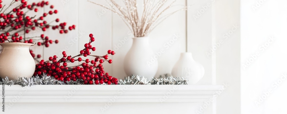 Red berries on white mantel with tinsel, cozy holiday decor Red berries on white mantel with tinsel, cozy holiday decor