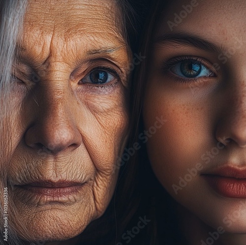 Amazing high resolution close-up photos of a modern grandmother, elegance itself and a grown-up beautiful granddaughter, the contrast of faces of two generations