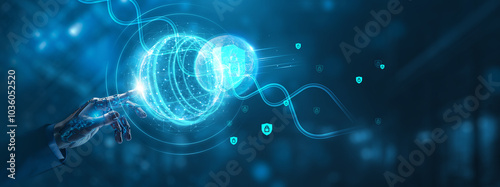 Businessman mechanical robotic hand touching privacy global network. Data security and network connection on digital interface, confidentiality, user consent technology and innovation concept.