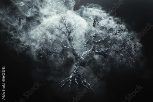 A lung shaped like a tree, with smoke rising from its branches, symbolizing the effects of smoking on respiratory health. Concept of health. photo