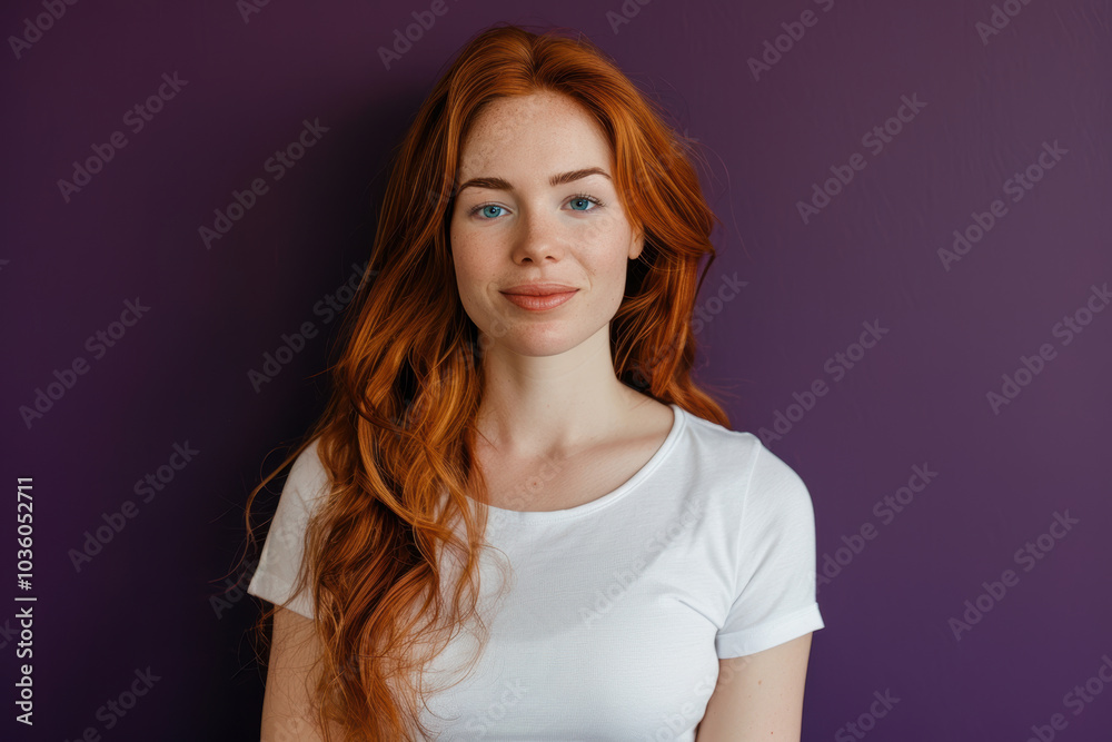 Obraz premium Confident Red-haired Woman in White T-Shirt Against Purple Background for Modern Portrait Media