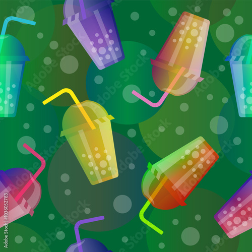 Tasty smoothie cup flat cartoon seamless pattern on bright background. Vector illustration. Sweet sticker for street food, confectionery, bar, restaurants, snacks.