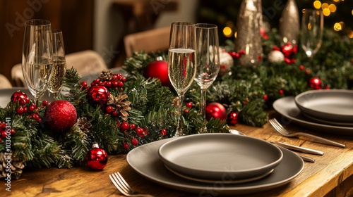 A beautiful Christmas table is set with a festive garland, champagne, and elegant gray plates. The scene is perfect for a family holiday dinner party.