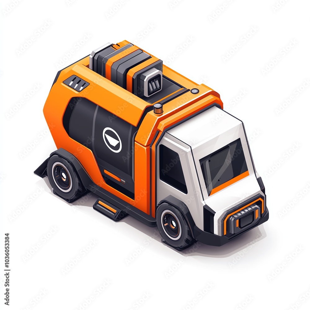 Naklejka premium A compact, stylized vehicle with an orange and white design, featuring a distinctive logo and storage compartments on top.
