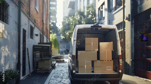 A delivery van loading packages, urban setting with warehouses, Documentary style photo