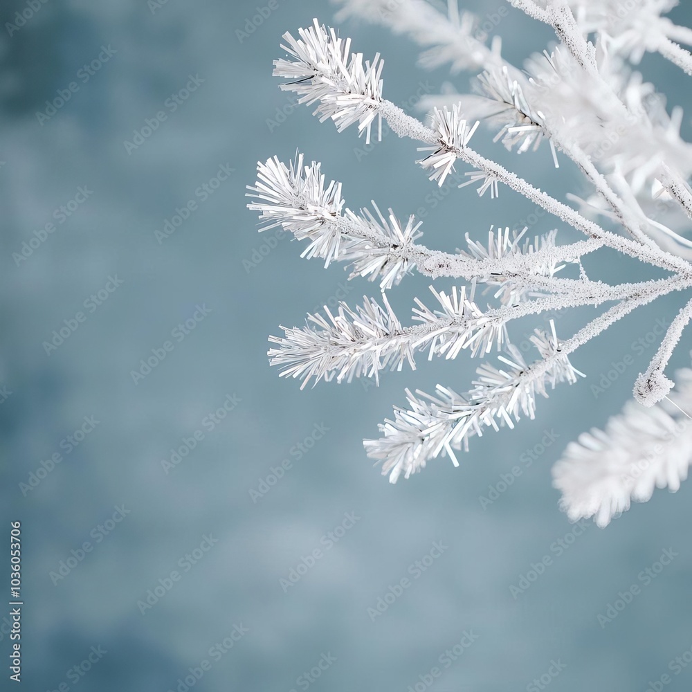 Silver and white tinsel on frosted branch, cool elegance