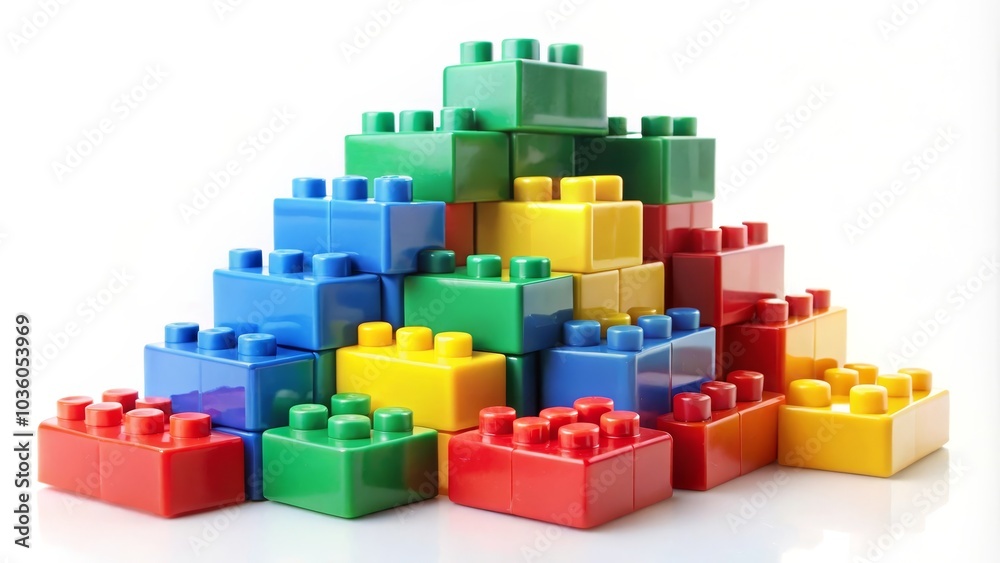 Fototapeta premium Colorful toy bricks are stacked, creating a growing structure