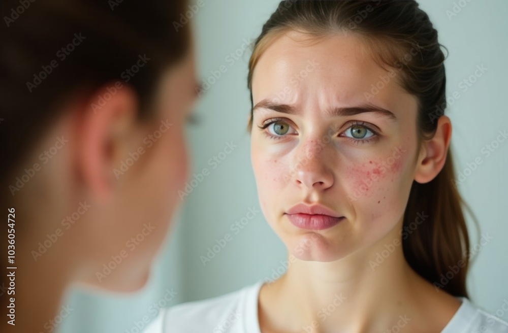 Naklejka premium A teenager of 12-14 years old looks in the mirror at a face with pimples and acne, upset. Transitional age, teenage problems
