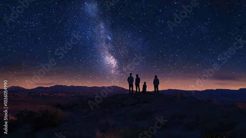 Three people observing the Milky Way on a desert hill at twilight. Stargazing and cosmic wonder concept. Design for poster, wallpaper, and educational material.