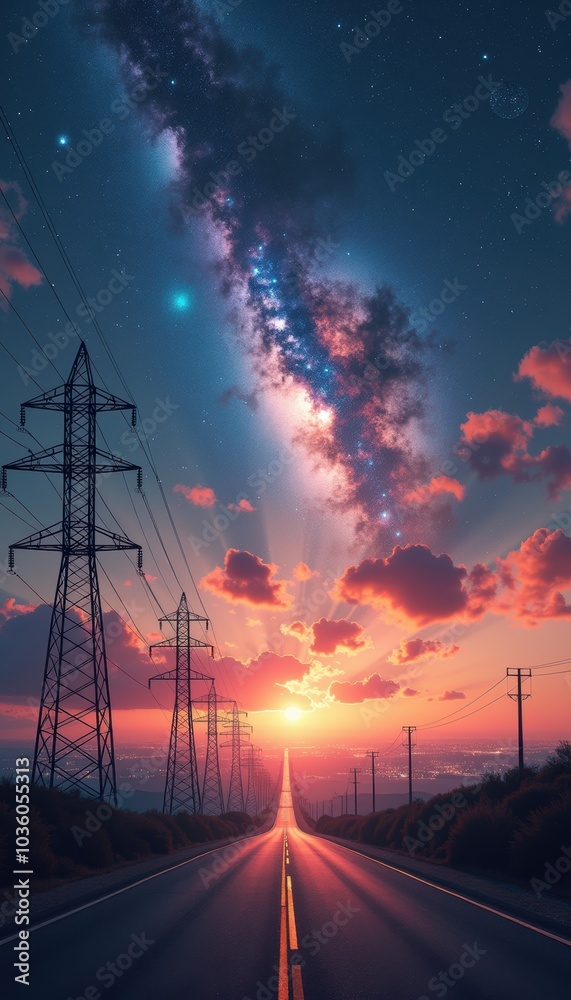 A stunning sunset view down a road lined with power lines, showcasing the beauty of public utilities and their role in connecting communities. A stunning sunset view down a road lined with power lines, showcasing the beauty of public utilities and their role in connecting communities.