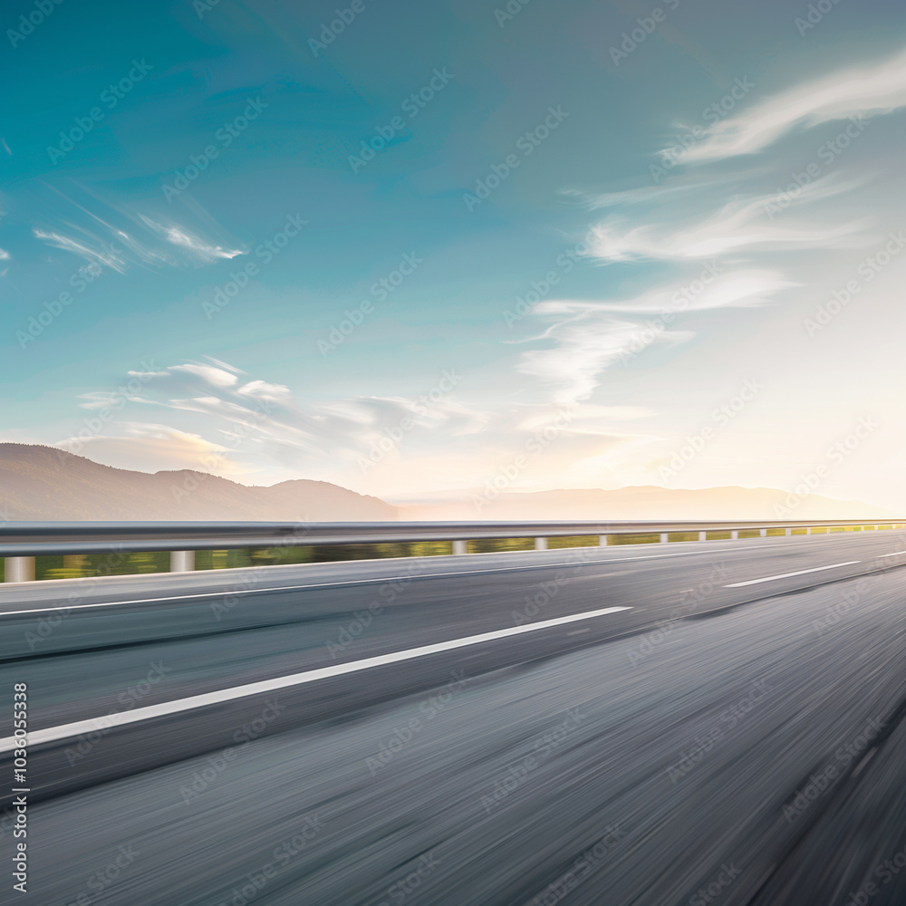 Fototapeta premium Highway, car background with motion blur, mountains with blue sky and white clouds background, horizontal composition, horizontal road, asphalt surface, wide-angle lens, natural light, modern style,
