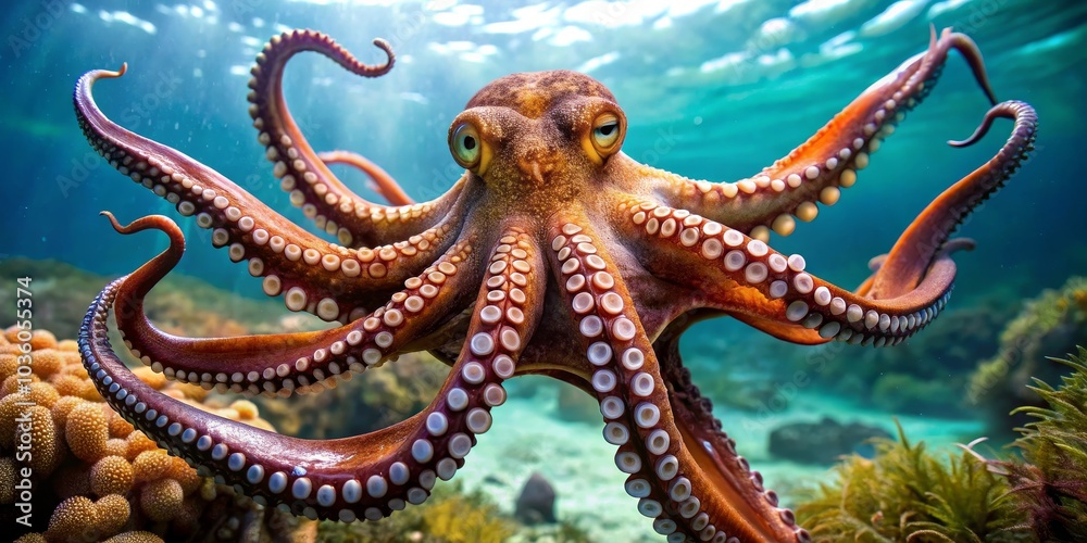 Fototapeta premium Close-Up of an Octopus with Blue Eyes in the Ocean, Underwater Photography, Cephalopod, Marine Life, Ocean