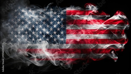 The american flag is waving and blending with colorful smoke on a black background