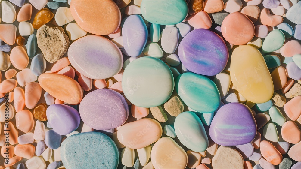 Pile of colorful rocks with a purple rock in the middle