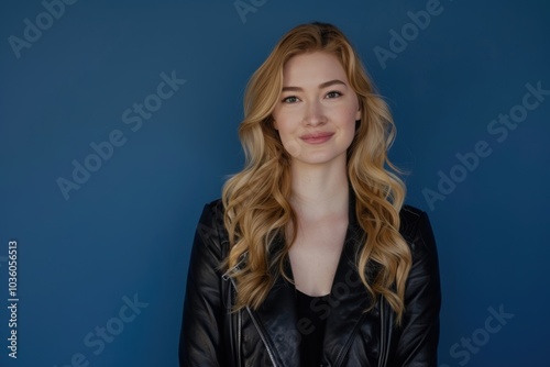 Confident Young Woman with Long Blonde Hair in Black Leather Jacket on Blue Background