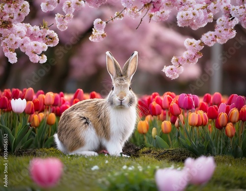 満開の花が咲き誇る春の花畑の中で、うさぎがひっそりと佇んでいる。桜やチューリップに囲まれ、ふわふわのうさぎが周りの景色に溶け込むようにして、花の間から顔を覗かせる photo