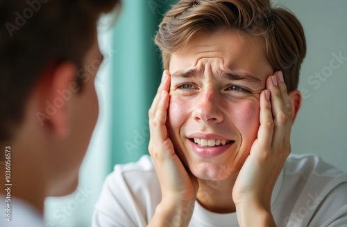 Wallpaper Mural A teenager of 12-14 years old looks in the mirror at a face with pimples and acne, upset. Transitional age, teenage problems Torontodigital.ca