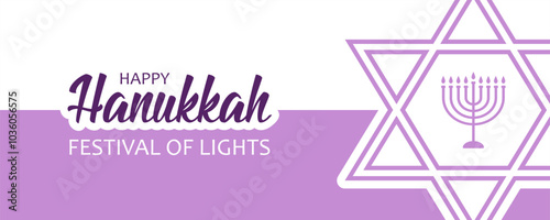 Text Happy Hanukkah, festival of lights, star of David and candelabrum on white and purple background. Festive banner design for Jewish festival Hanukkah.