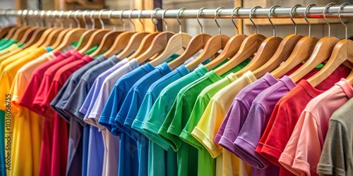 Colorful T-Shirts on Wooden Hangers, Clothing Store, Fashion Retail, Apparel, Shopping