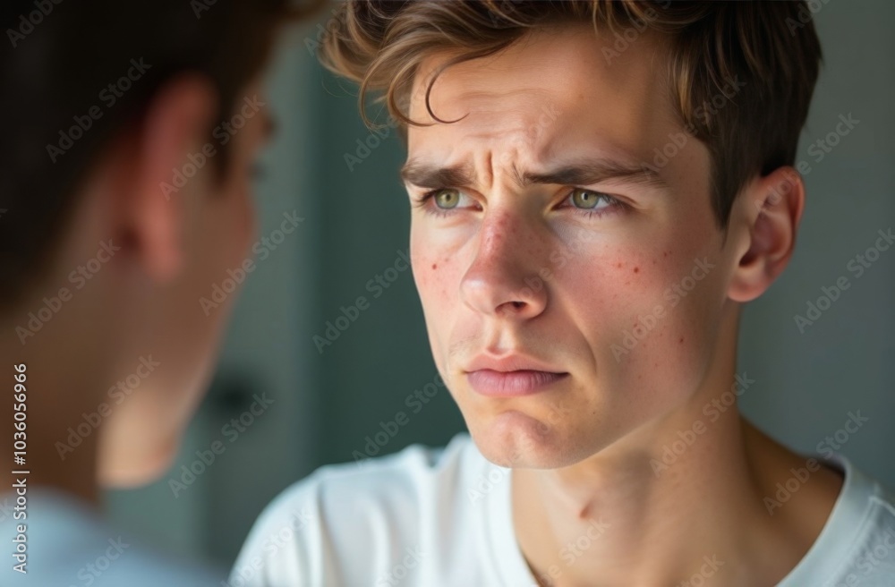 Fototapeta premium A teenager of 12-14 years old looks in the mirror at a face with pimples and acne, upset. Transitional age, teenage problems
