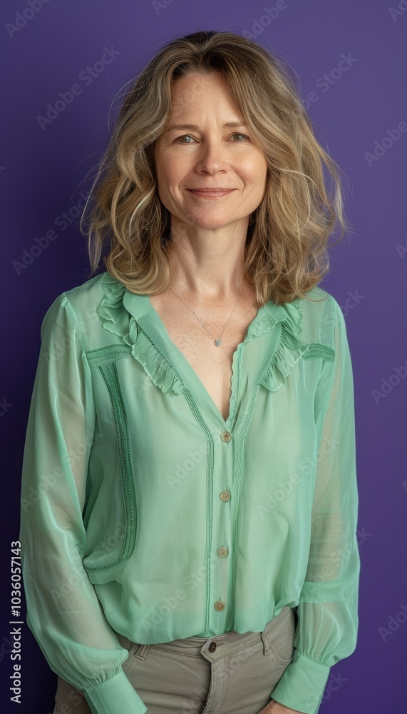 Professional Portrait of a Woman in Pastel Green Blouse Against Deep Purple Background Professional Portrait of a Woman in Pastel Green Blouse Against Deep Purple Background