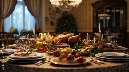 A festive table for the whole family with many dishes. Celebrating Thanksgiving Day. Generated by artificial intelligence