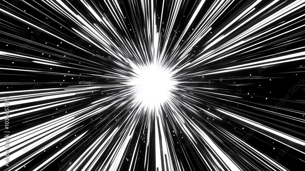 Obraz premium A bright, black light explodes in a burst of radial lines, creating a classic comic book flash effect. The speed lines and glow suggest intense speed and power, perfect for a superhero design.