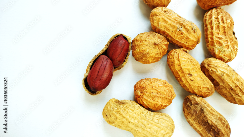 Peanut on the dried pod and dried pods on the white background
Peanut on the dried pod and dried pods on the white background