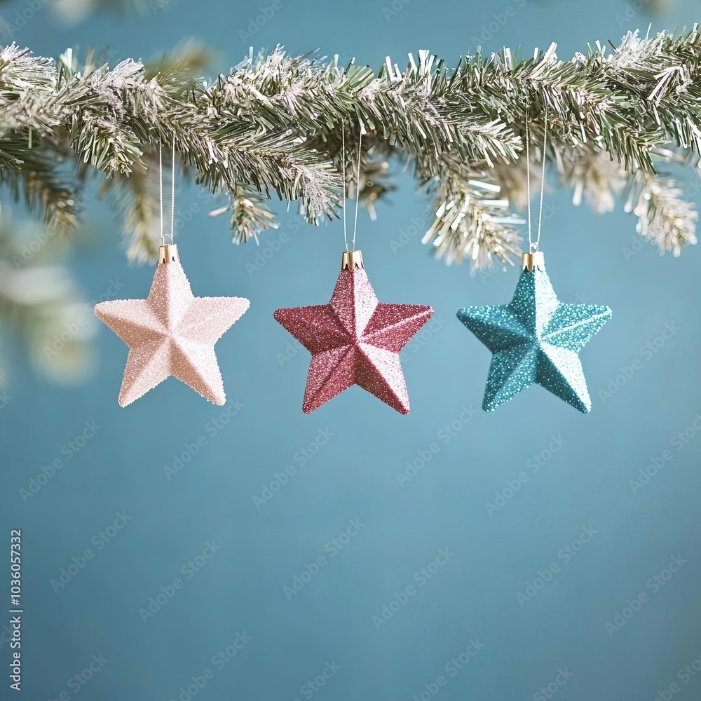 Tinsel stars hanging from a holiday garland, creative Christmas decor, modern festive touch Tinsel stars hanging from a holiday garland, creative Christmas decor, modern festive touch