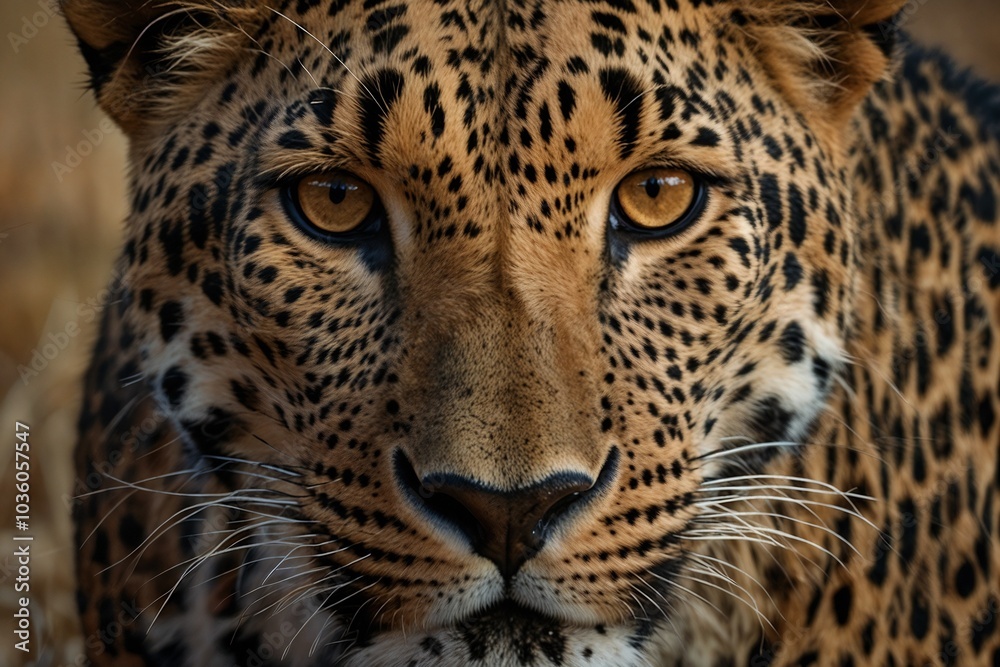 Close-up of a leopard's face with striking eyes, intense focus and detailed fur pattern, wild animal portrait, copy space Close-up of a leopard's face with striking eyes, intense focus and detailed fur pattern, wild animal portrait, copy space