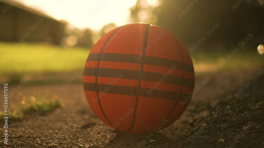 Training basketball ball lies on asphalt recreation ground with green grass in sunlight. Orange ball at sunset. Sports healthy living and well being concept Training basketball ball lies on asphalt recreation ground with green grass in sunlight. Orange ball at sunset. Sports healthy living and well being concept