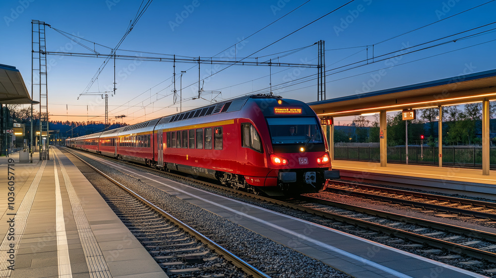 A bright red passenger train speeds into a station platform. The sky is clear and blue, as the sun sets. This modern train represents a key part of Austria's transportation system. A bright red passenger train speeds into a station platform. The sky is clear and blue, as the sun sets. This modern train represents a key part of Austria's transportation system.