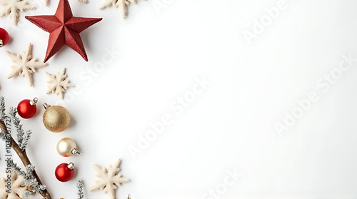 winter christmas decorations photographed minimalist flat lay white backdrop empty space