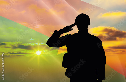 Silhouette of a soldier with a background of the Burkina Faso flag and a sunset or sunrise. Concept of national holidays. Commemoration Day. photo