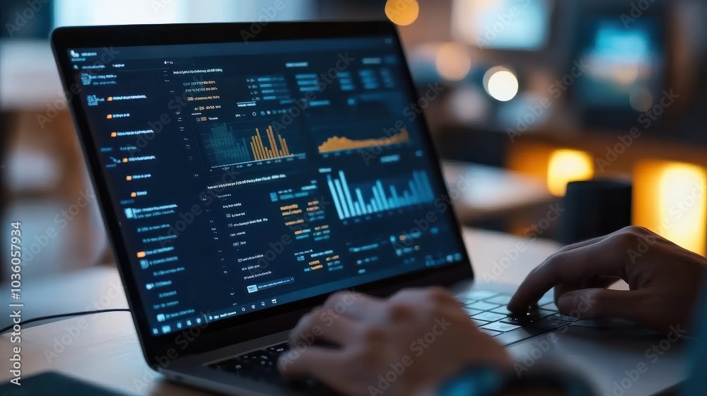 A person analyzing data on their laptop, with the screen showing graphs and tables of traffic analytics. close up. A person analyzing data on their laptop, with the screen showing graphs and tables of traffic analytics. close up.