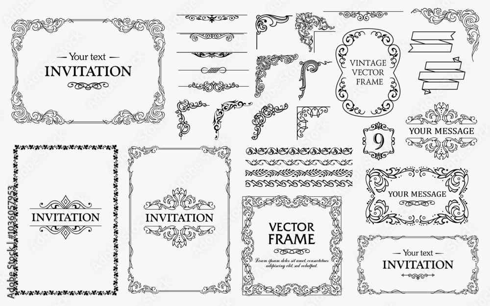 Design elements set, decorative flourish border corner and frame collection for invitation, menu and page decoration