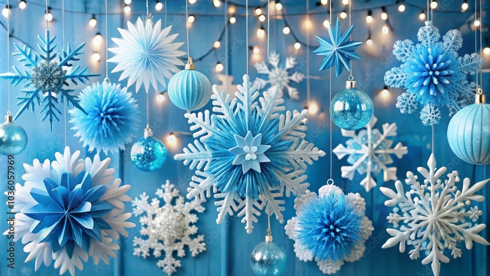 Christmas decoration in blue and white hanging on a blue wall with ornaments and wrapped gifts Christmas decoration in blue and white hanging on a blue wall with ornaments and wrapped gifts