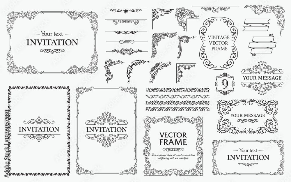 Design elements set, decorative flourish border corner and frame collection for invitation, menu and page decoration Design elements set, decorative flourish border corner and frame collection for invitation, menu and page decoration