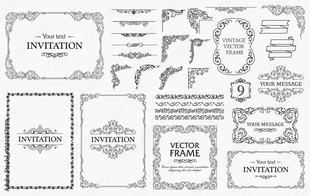 Design elements set, decorative flourish border corner and frame collection for invitation, menu and page decoration Design elements set, decorative flourish border corner and frame collection for invitation, menu and page decoration