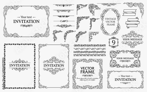 Design elements set, decorative flourish border corner and frame collection for invitation, menu and page decoration