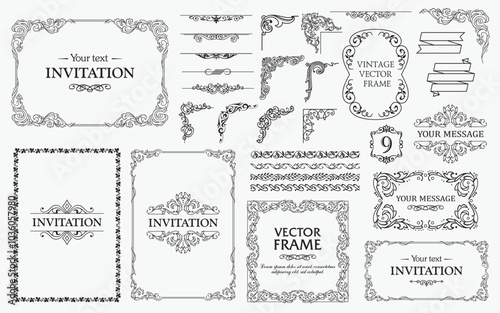 Design elements set, decorative flourish border corner and frame collection for invitation, menu and page decoration