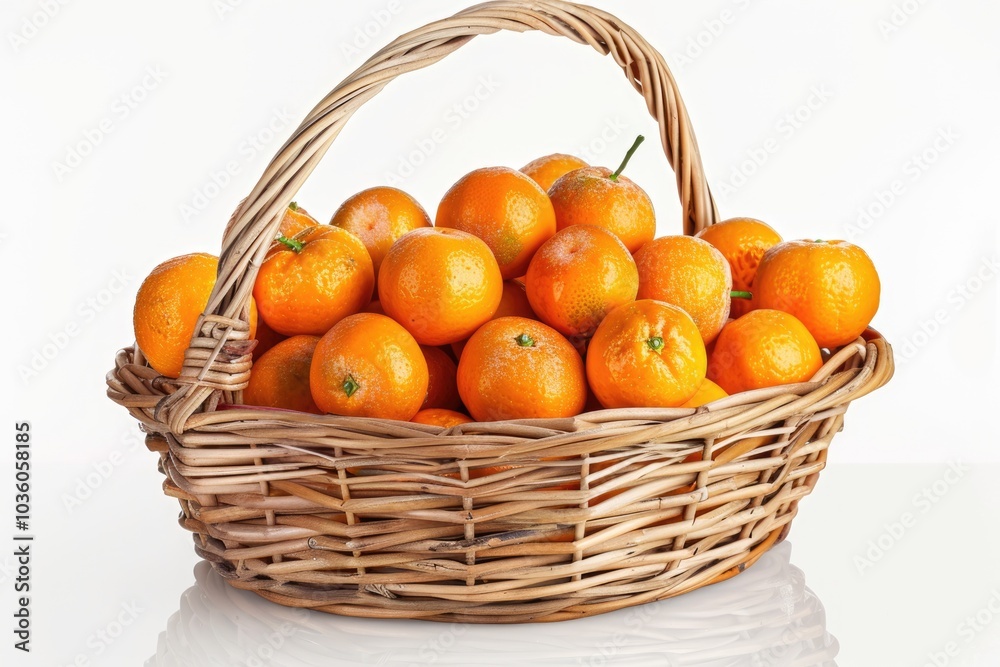 Basket of Clementine Mandarins on white background with reflection. Basket of Clementine Mandarins on white background with reflection.