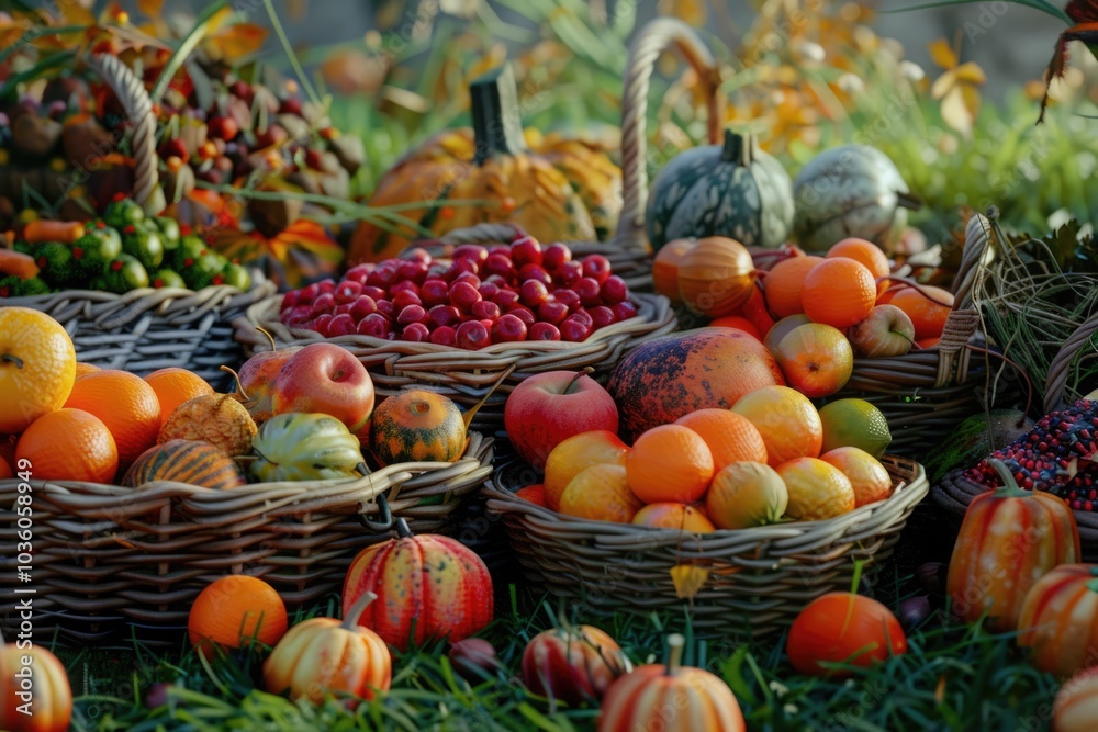Fresh fruits and vegetables displayed in baskets on grass.