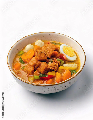 Indonesian Lontong Sayur: A vibrant bowl of coconut milk soup, brimming with rice cakes, colorful vegetables, and a perfectly poached egg. A delightful culinary experience! photo