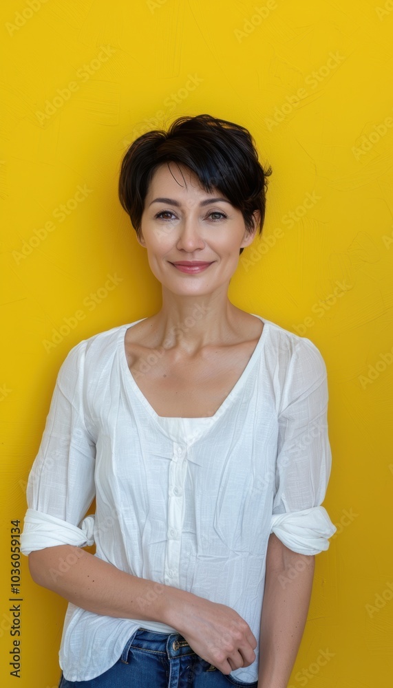 Cheerful Woman in Casual White Blouse Against Bright Yellow Background for Modern Portraits Cheerful Woman in Casual White Blouse Against Bright Yellow Background for Modern Portraits