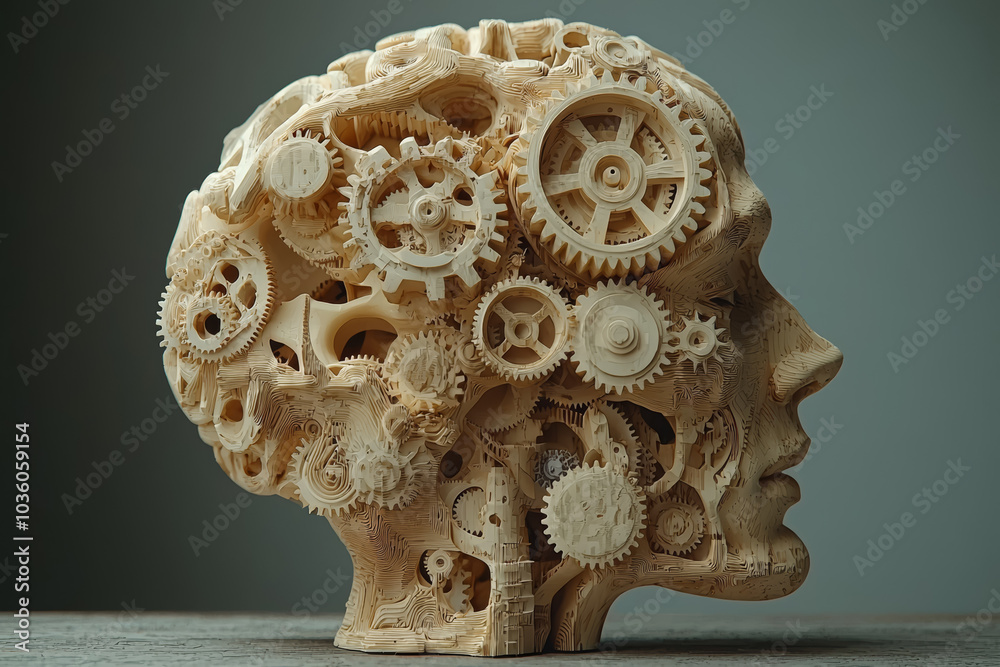 A brain with gears instead of neurons, illustrating the mechanical processes of thought and mental health. Concept of health. A brain with gears instead of neurons, illustrating the mechanical processes of thought and mental health. Concept of health.