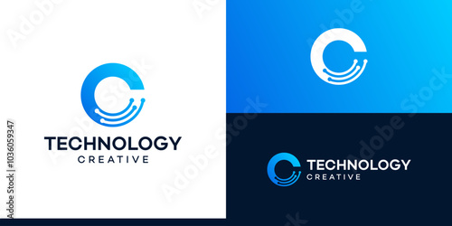 Letter C with technology models. Logo design initial C for symbol tech, internet, system, Artificial Intelligence, Blockchain, molecule and system graphic symbol icon vector.