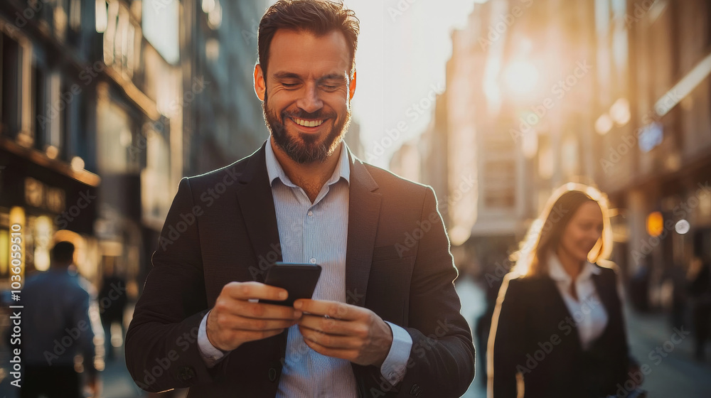 Fototapeta premium A businessman in a suit, walking in the city, checks his phone with a smile. He looks confident and successful as he browses the web in the warm sunshine. Other office workers pass by.