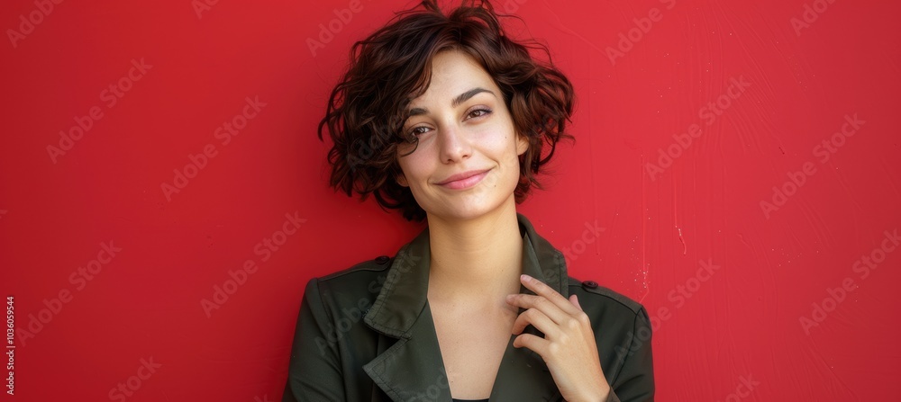 Confident Woman in Green Jacket Against Bold Red Background for Stylish Portrait Design Confident Woman in Green Jacket Against Bold Red Background for Stylish Portrait Design